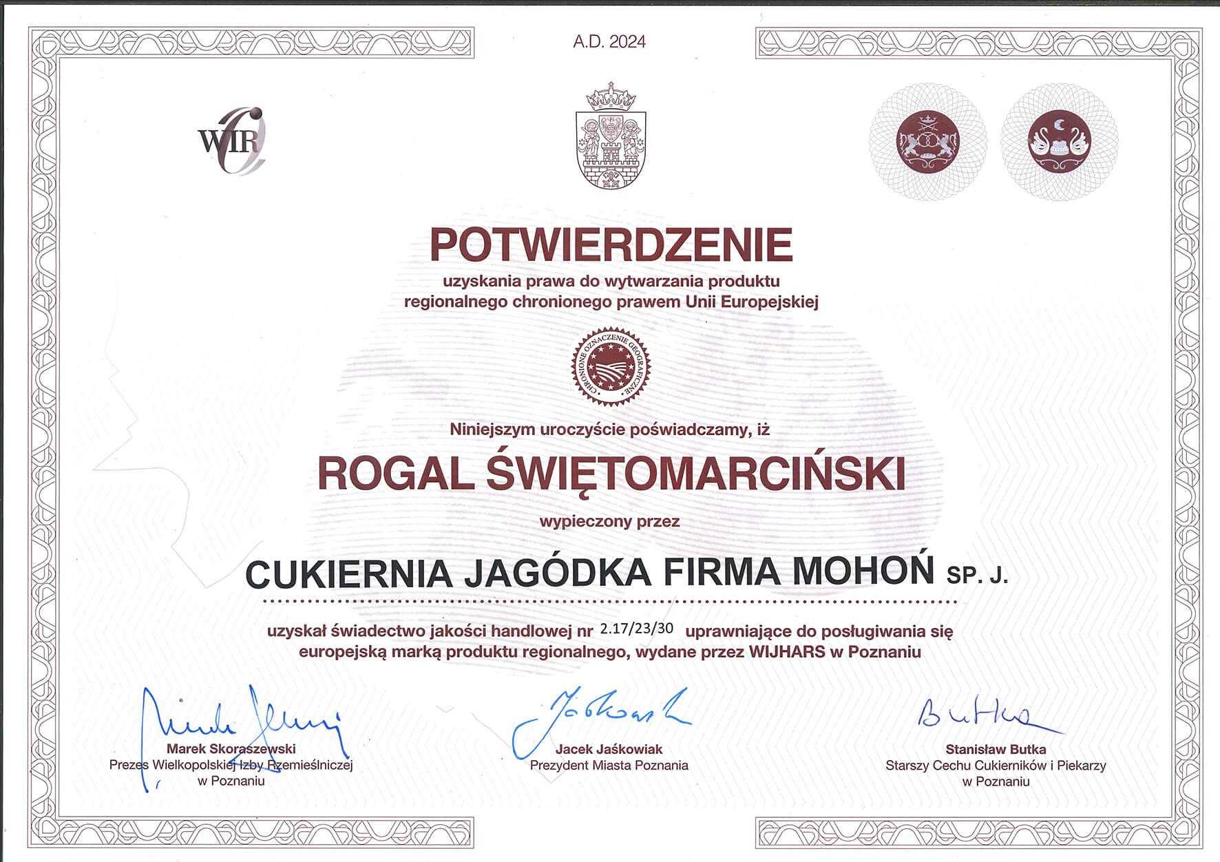 certyfikat rogale swietomarcinskie cukiernia jagodka